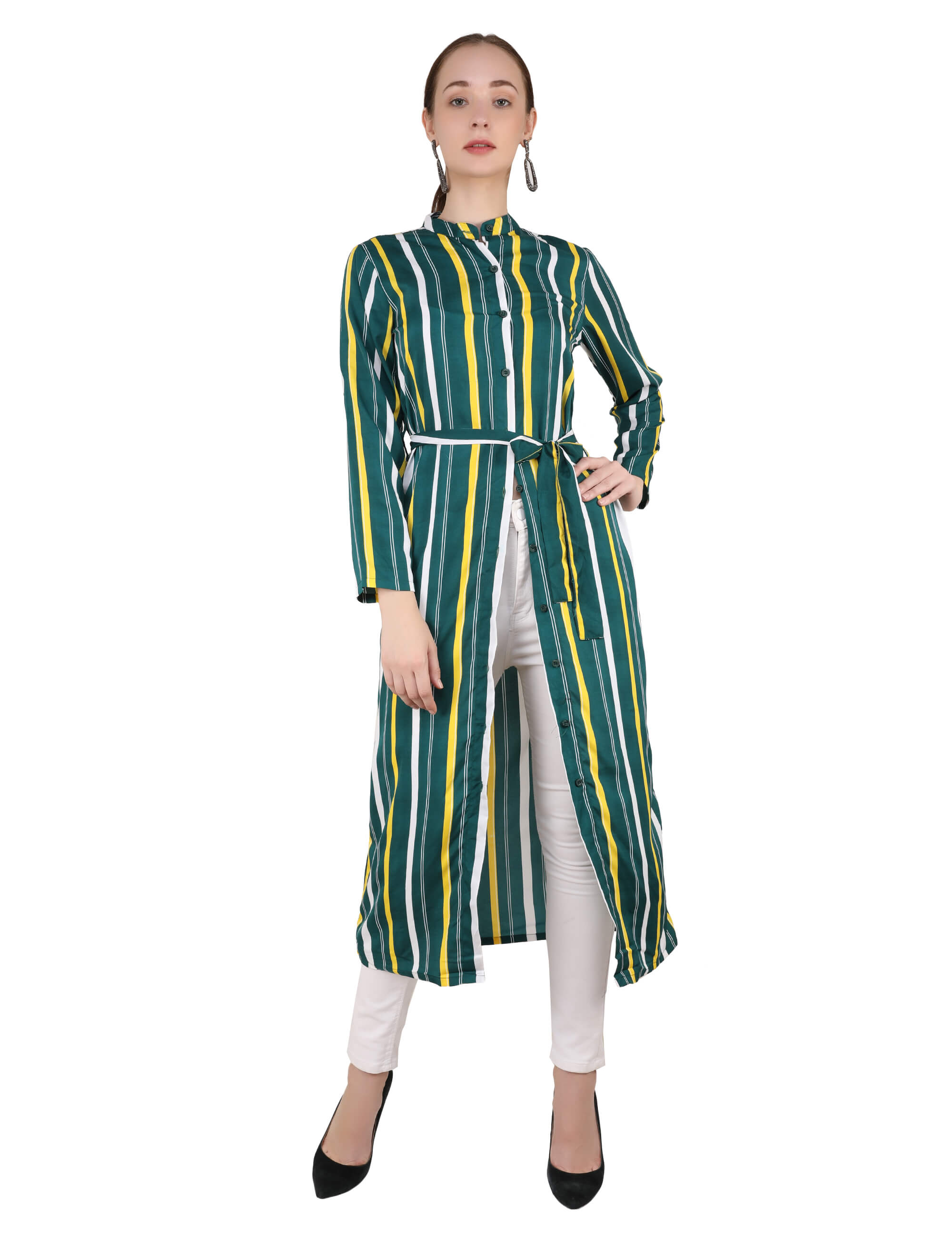 Emeros Mandarin Collar Dark Green Buttonup TieWaist Shirt Dress